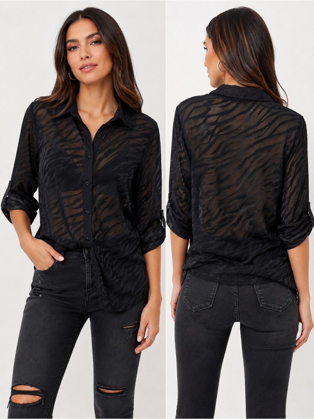 Dots Black Sheer Zebra-Stripe Button Down Shirt